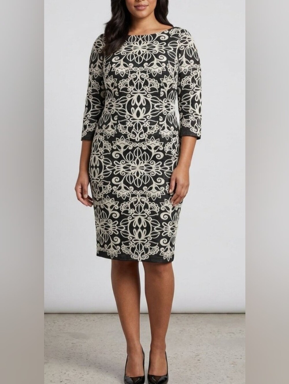 Eliza J Black White Floral Damask Jacquard Knit Sheath Dress 3/4 Sleeve